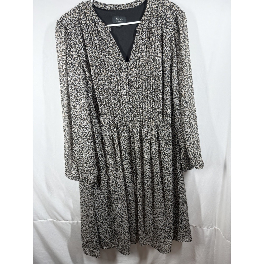 MSK Plus Size 18W Floral Chiffon Midi Dress Long Sleeve Pleated V-neck BOHO
